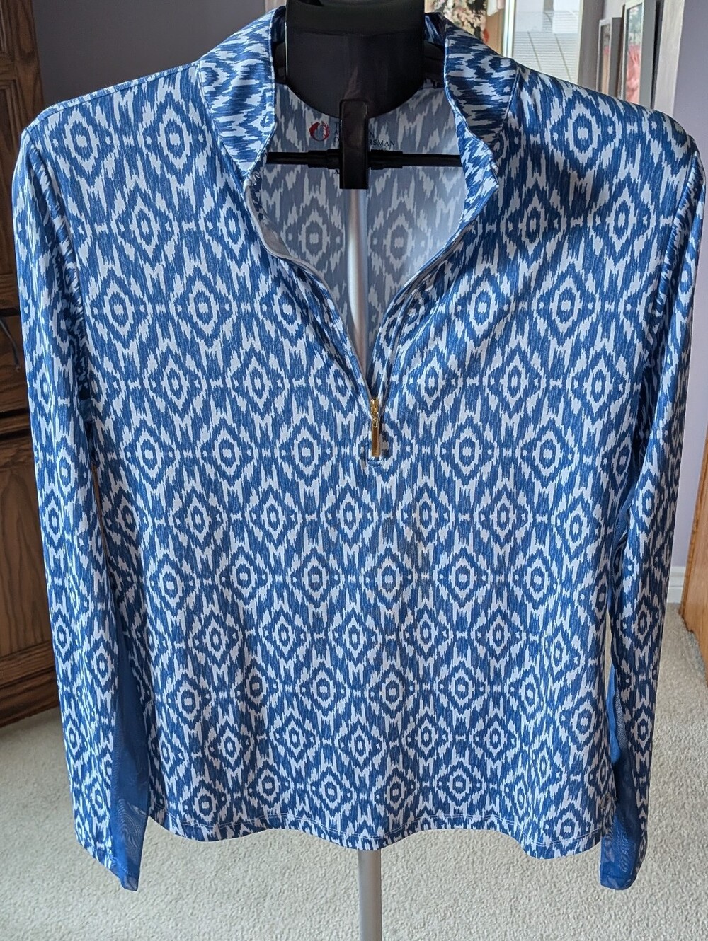 Blue Patterned Long-Sleeve Women's Jersey Top with Zip Collar